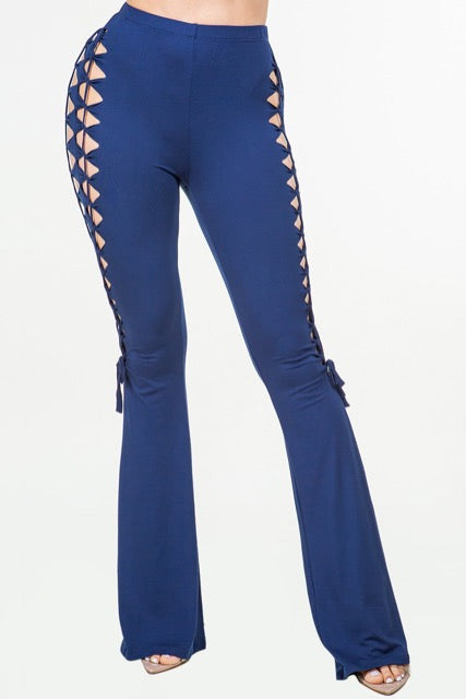 Side Cut Out And Lace Up Bell Bottom Pants - Blue