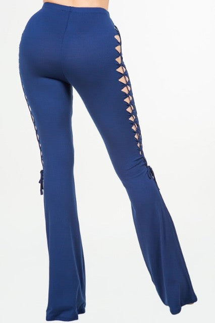 Side Cut Out And Lace Up Bell Bottom Pants - Blue - Back View