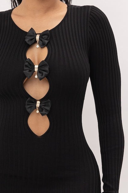 Bows and Diamonds Long Bodycon Ribbed Dress - Black