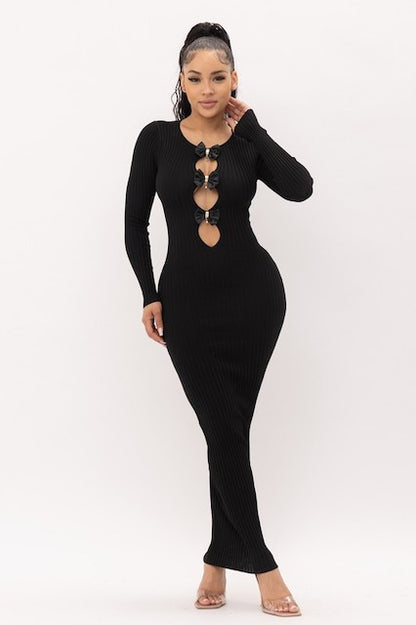Bows and Diamonds Long Bodycon Ribbed Dress - Black