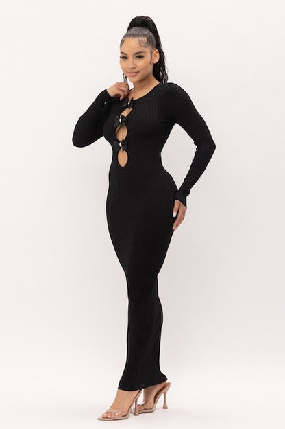 Bows and Diamonds Long Bodycon Ribbed Dress - Black