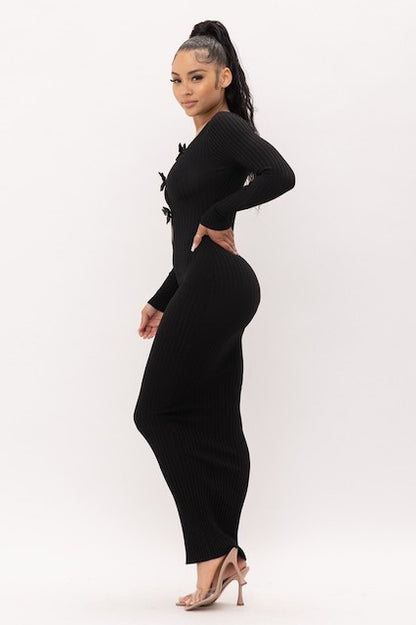 Bows and Diamonds Long Bodycon Ribbed Dress - Black