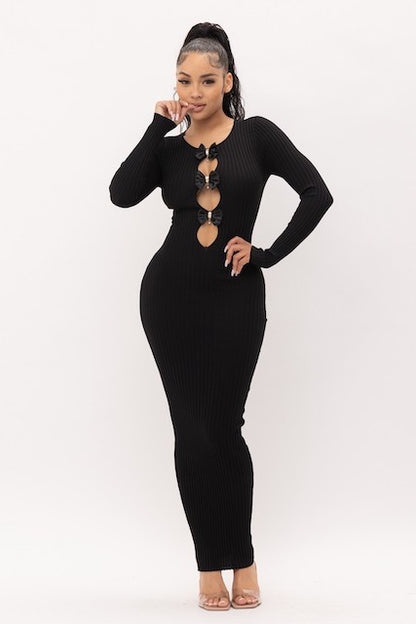 Bows and Diamonds Long Bodycon Ribbed Dress - Black