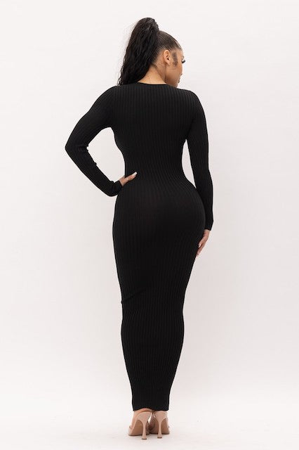 Bows and Diamonds Long Bodycon Ribbed Dress - Black- Back View