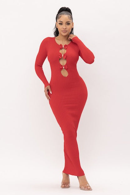 Bows and Diamonds Long Bodycon Ribbed Dress - Red