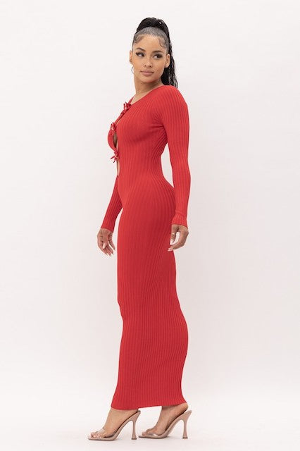 Bows and Diamonds Long Bodycon Ribbed Dress - Red