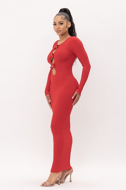 Bows and Diamonds Long Bodycon Ribbed Dress - Red