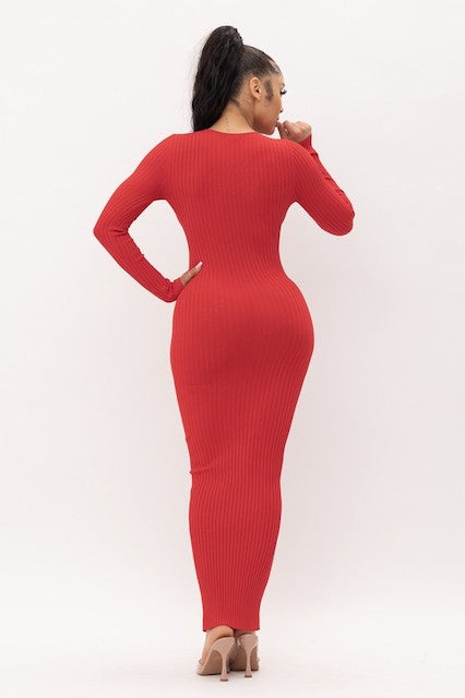 Bows and Diamonds Long Bodycon Ribbed Dress - Red - Back View