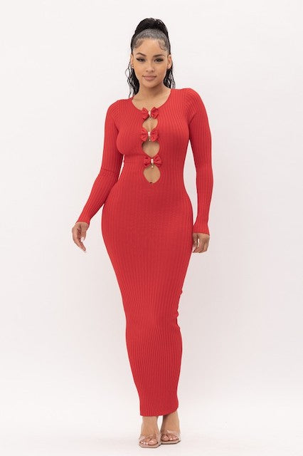 Bows and Diamonds Long Bodycon Ribbed Dress - Red