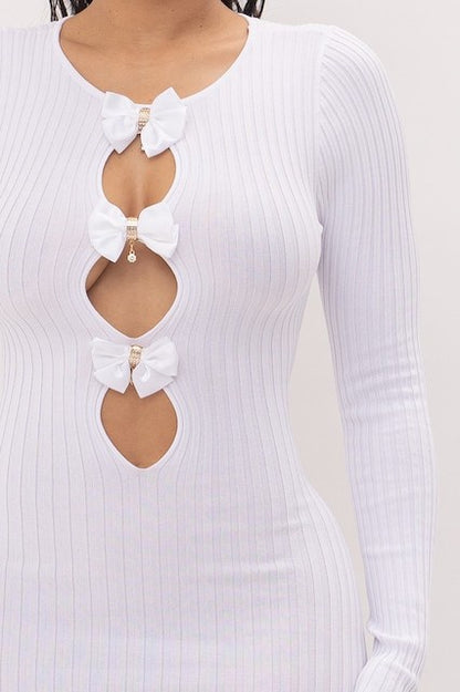 Bows and Diamonds Long Bodycon Ribbed Dress - White