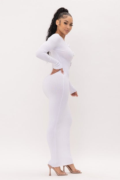 Bows and Diamonds Long Bodycon Ribbed Dress - White