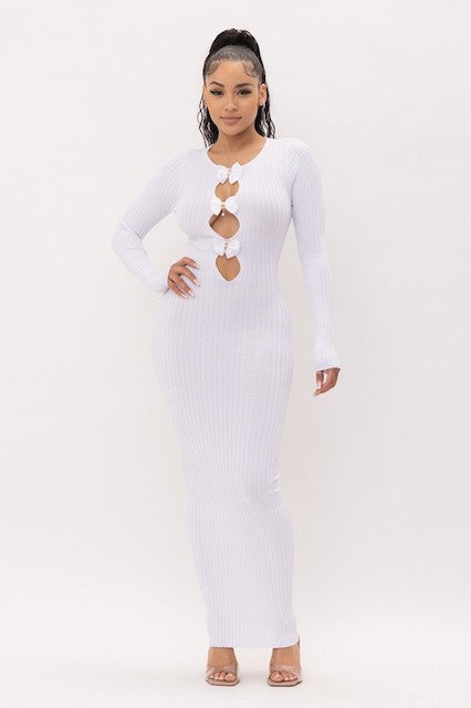 Bows and Diamonds Long Bodycon Ribbed Dress - White
