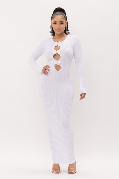 Bows and Diamonds Long Bodycon Ribbed Dress - White