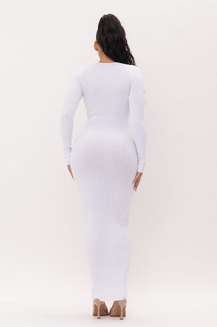 Bows and Diamonds Long Bodycon Ribbed Dress - White - Back View
