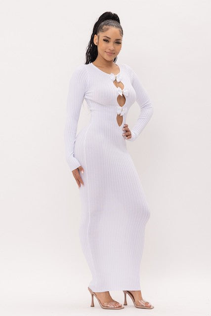 Bows and Diamonds Long Bodycon Ribbed Dress - White