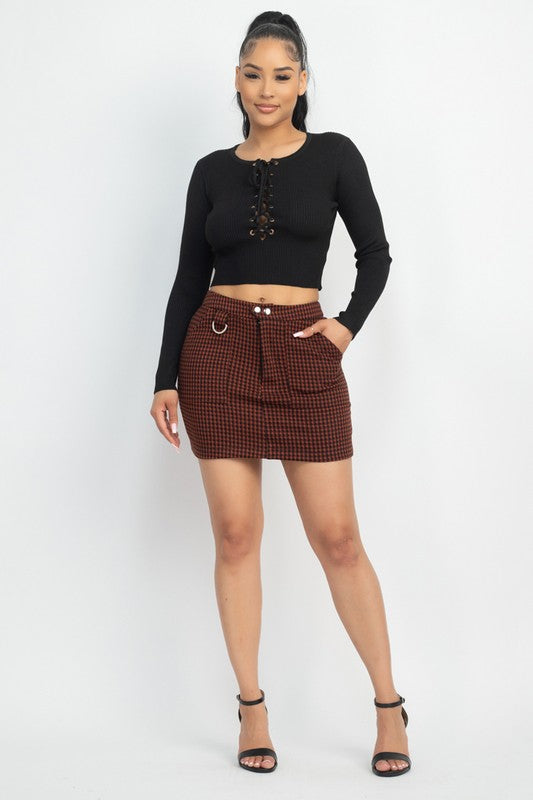 Eyelet Lace-Up Sweater Crop Top - Black