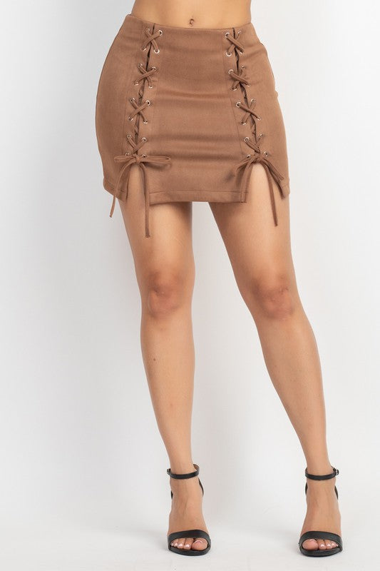 Crossed Lace Slit Skirt - Brown