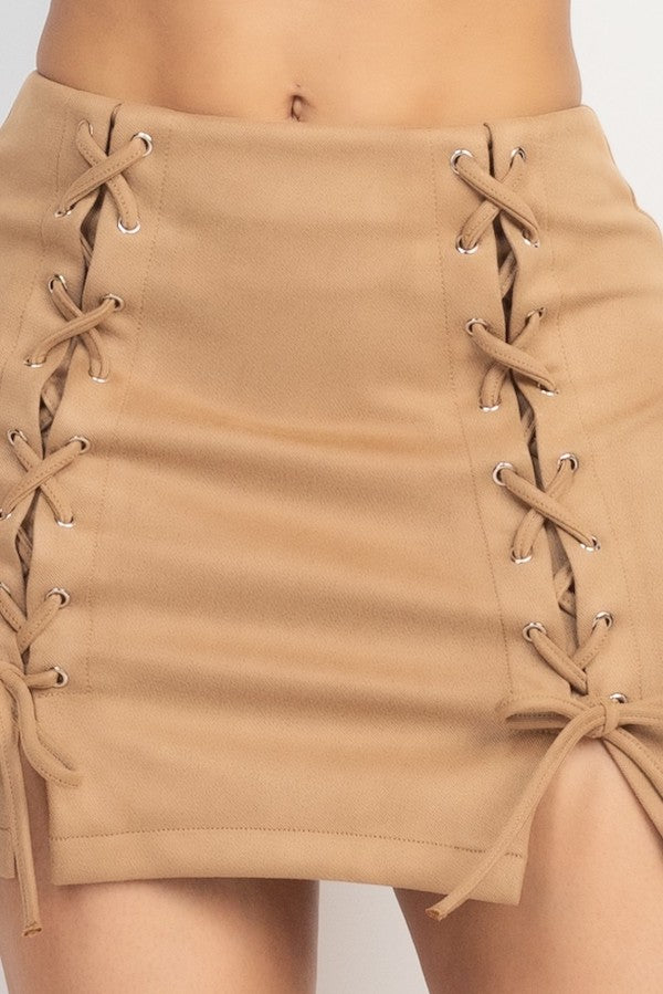 Crossed Lace Slit Skirt - Beige