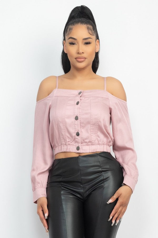 Cold Shoulder Button-Front Top - Pink