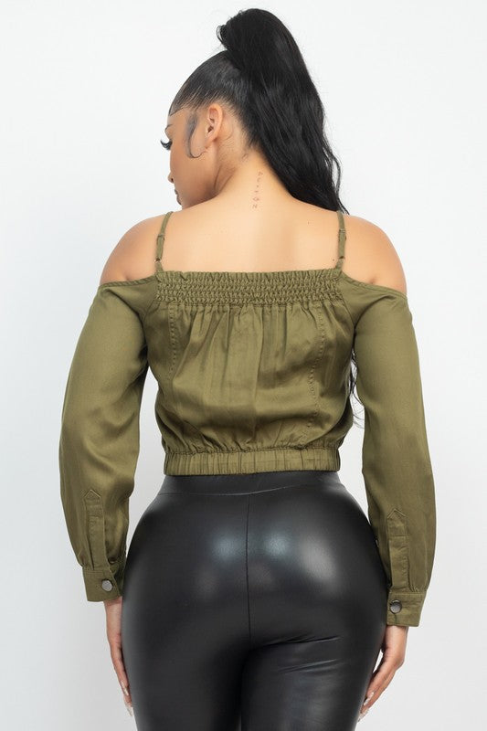 Cold Shoulder Button-Front Top - Olive - Back View