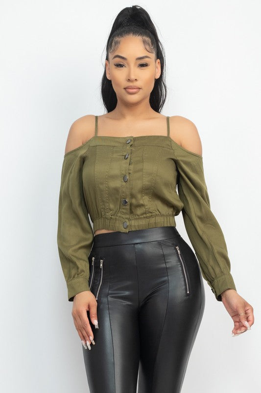 Cold Shoulder Button-Front Top - Olive