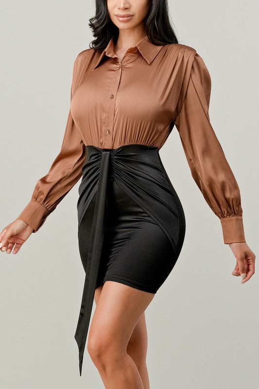 Silky Satin Contrast Collar Dress in brown color