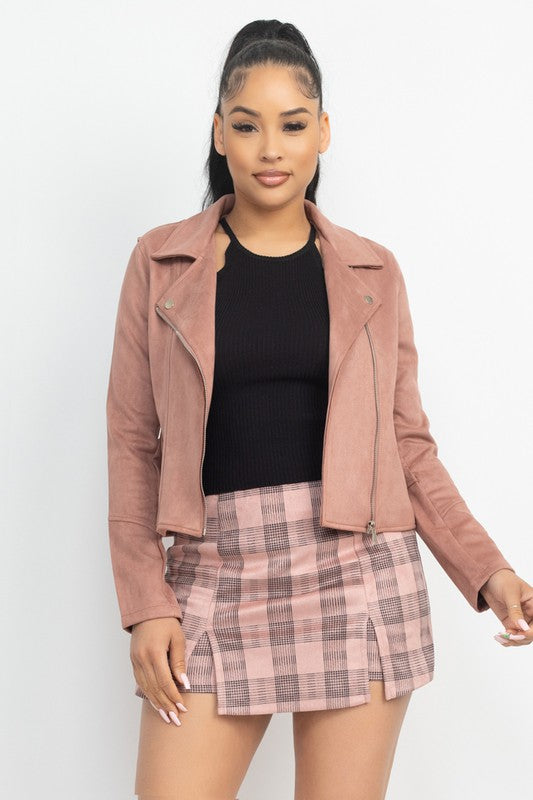 Faux Suede Moto Jacket in pink color