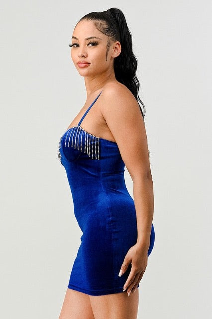 Luxe Velvet Rhinestones Tassel Dress in Royal Blue