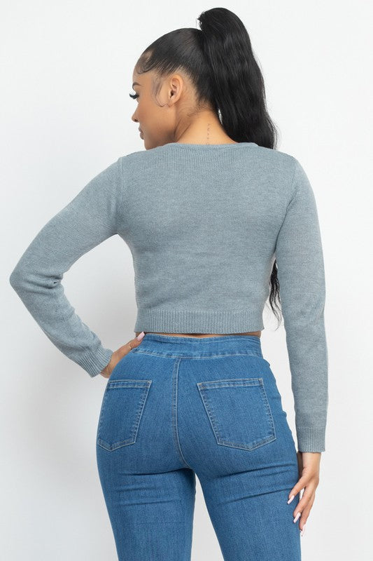 Button-Down Argyle Crop Sweater Top - Grey - Back View