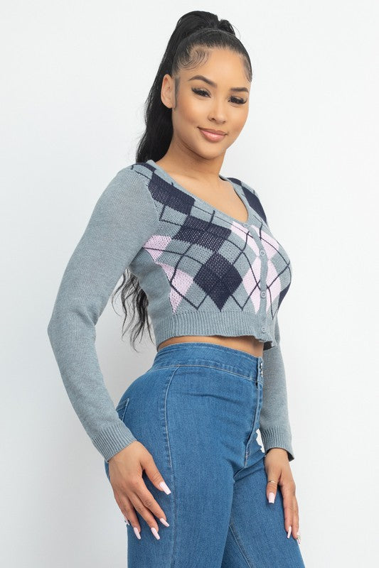 Button-Down Argyle Crop Sweater Top - Grey