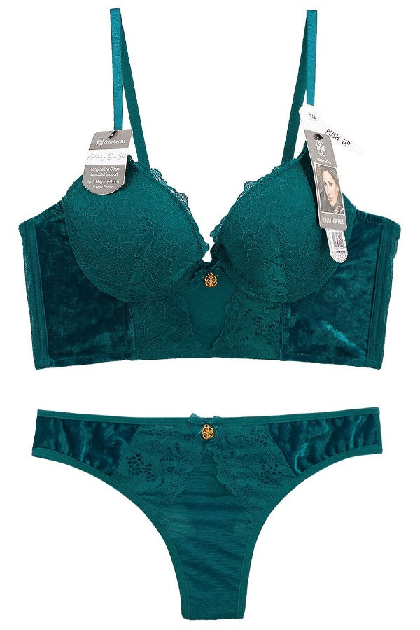 Velvet & Lace Bustier Set - Green