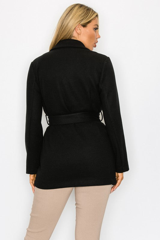 backside of Tie-Waist Pocketed Coat in black