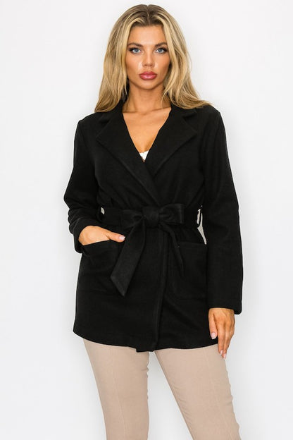 Tie-Waist Pocketed Coat in black
