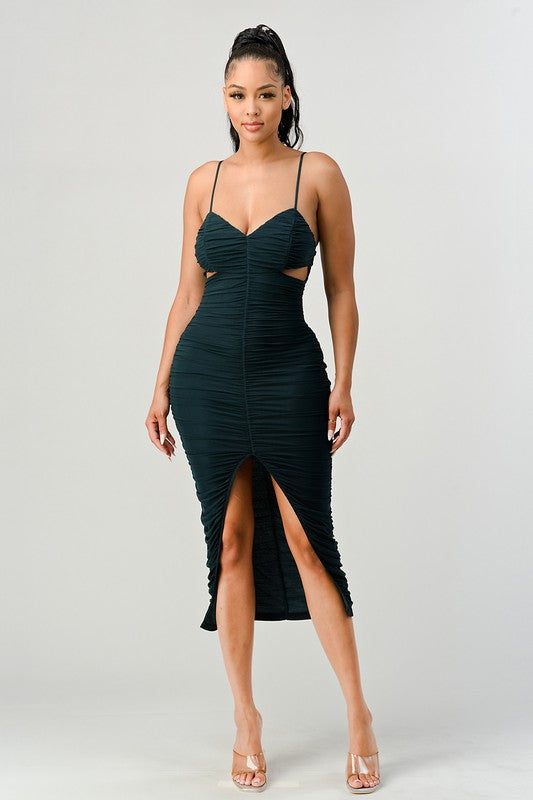 Mesh Sweetheart Cutouts Slitted Midi Dress in Hunter Green Color
