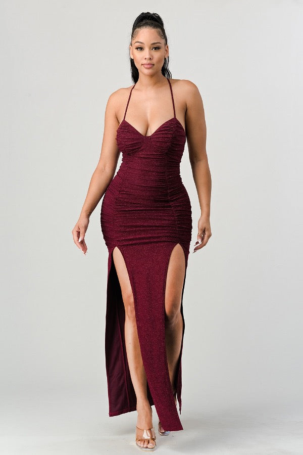 Glitter Ruched Slitted Lace Up Back Maxi Dress - Burgundy