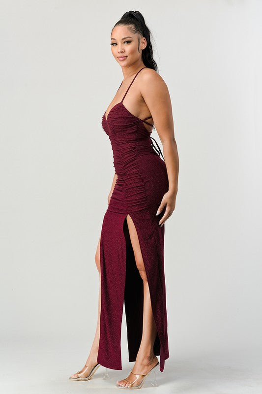 Glitter Ruched Slitted Lace Up Back Maxi Dress - Burgundy