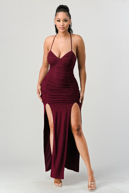 Glitter Ruched Slitted Lace Up Back Maxi Dress - Burgundy