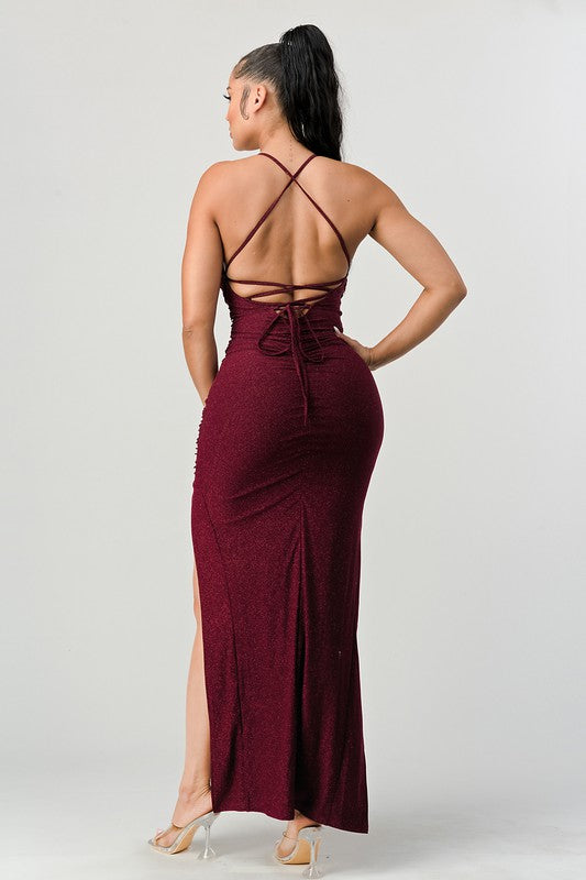 Glitter Ruched Slitted Lace Up Back Maxi Dress - Burgundy - Back View