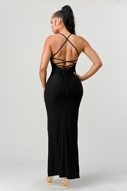 Glitter Ruched Slitted Lace Up Back Maxi Dress - Black - Back View