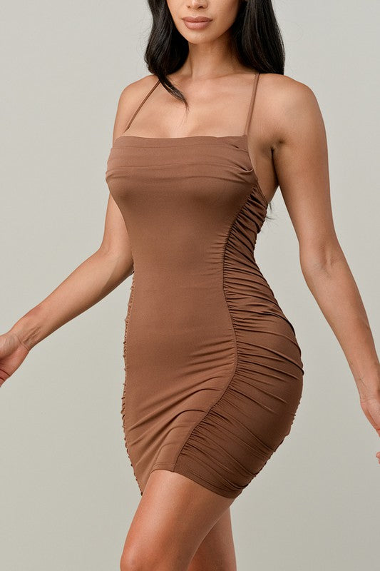 Classy Cowl Neck Ruched Dress - Brown