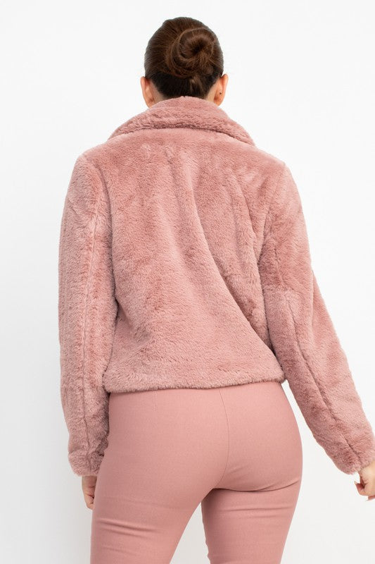 Faux Fur Collared Jacket - Pink - Back View