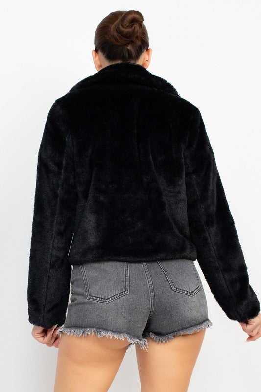 Faux Fur Collared Jacket - Black - Back View