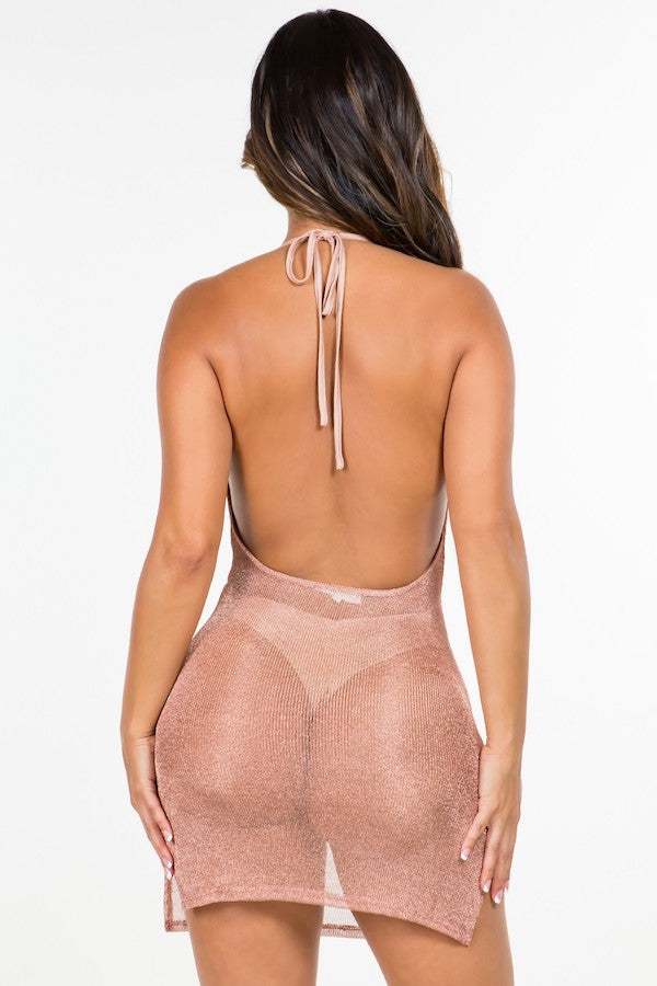 Cowl Neck Mesh Mini Dress With Side Slits - Rose Gold - Back View