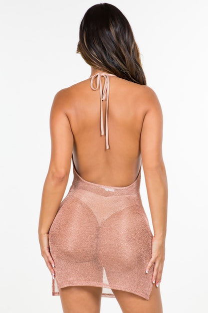 Cowl Neck Mesh Mini Dress With Side Slits - Rose Gold - Back View