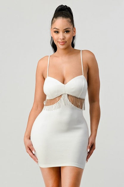 Lux Rhinestone Fringe Side Cutouts Dress in white