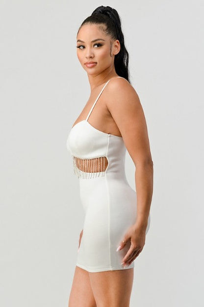 side of Lux Rhinestone Fringe Side Cutouts Dress in white