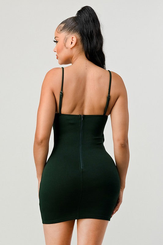 backside of Lux Rhinestone Fringe Side Cutouts Dress in hunter green color