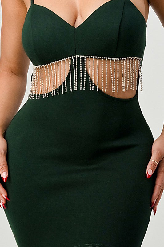 close up of Lux Rhinestone Fringe Side Cutouts Dress in hunter green color