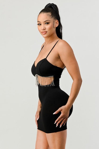 Lux Rhinestone Fringe Side Cutouts Dress in black
