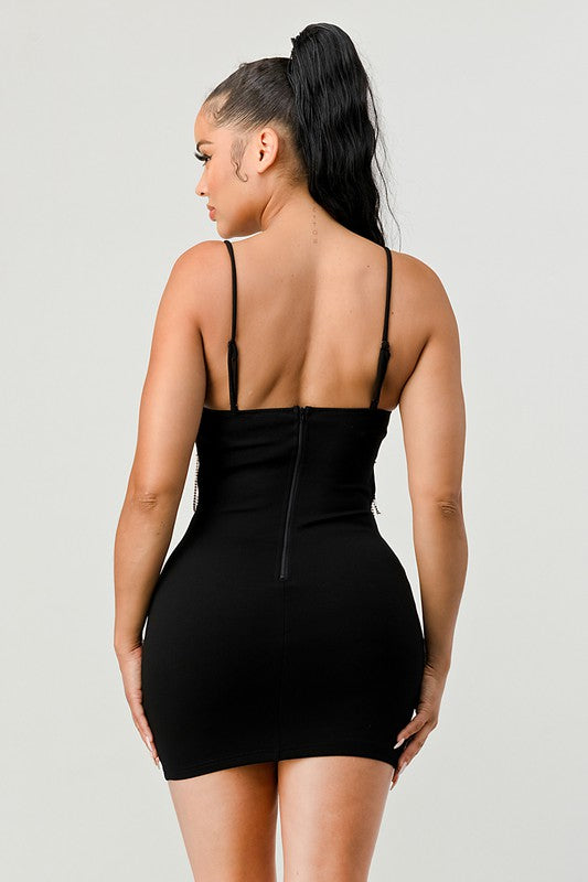 back of Lux Rhinestone Fringe Side Cutouts Dress in black